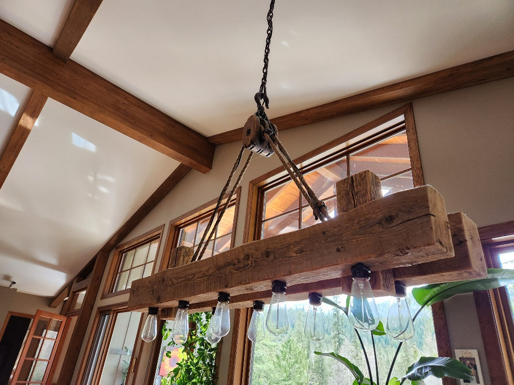 Rustic industrial twin beam chandelier with pulley L24