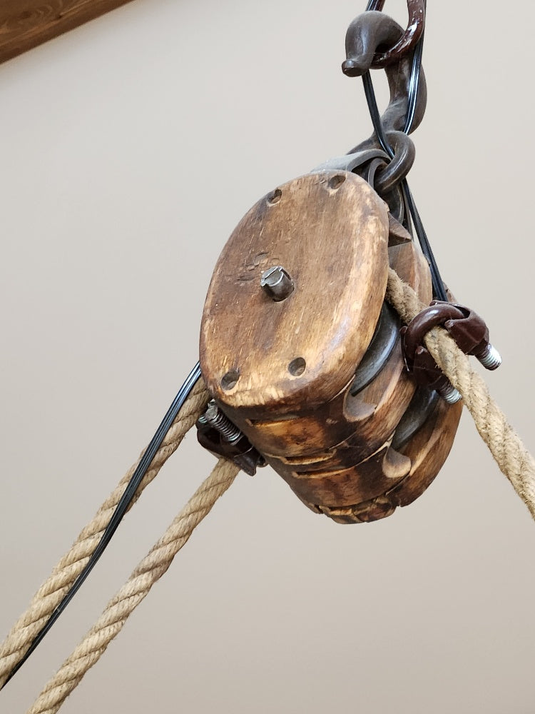Rustic industrial twin beam chandelier with pulley L24