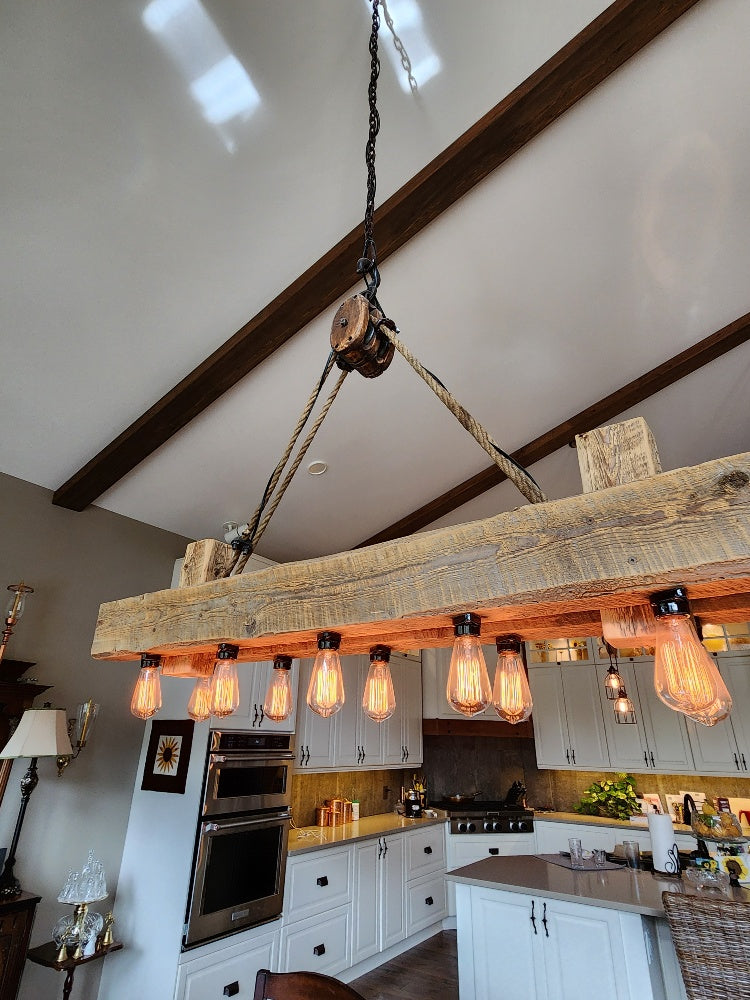 Rustic industrial twin beam chandelier with pulley L24