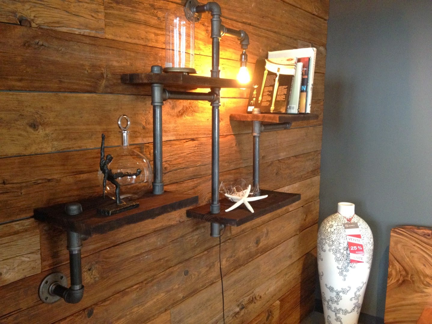Rustic Industrial Wood and pipe wall shelf