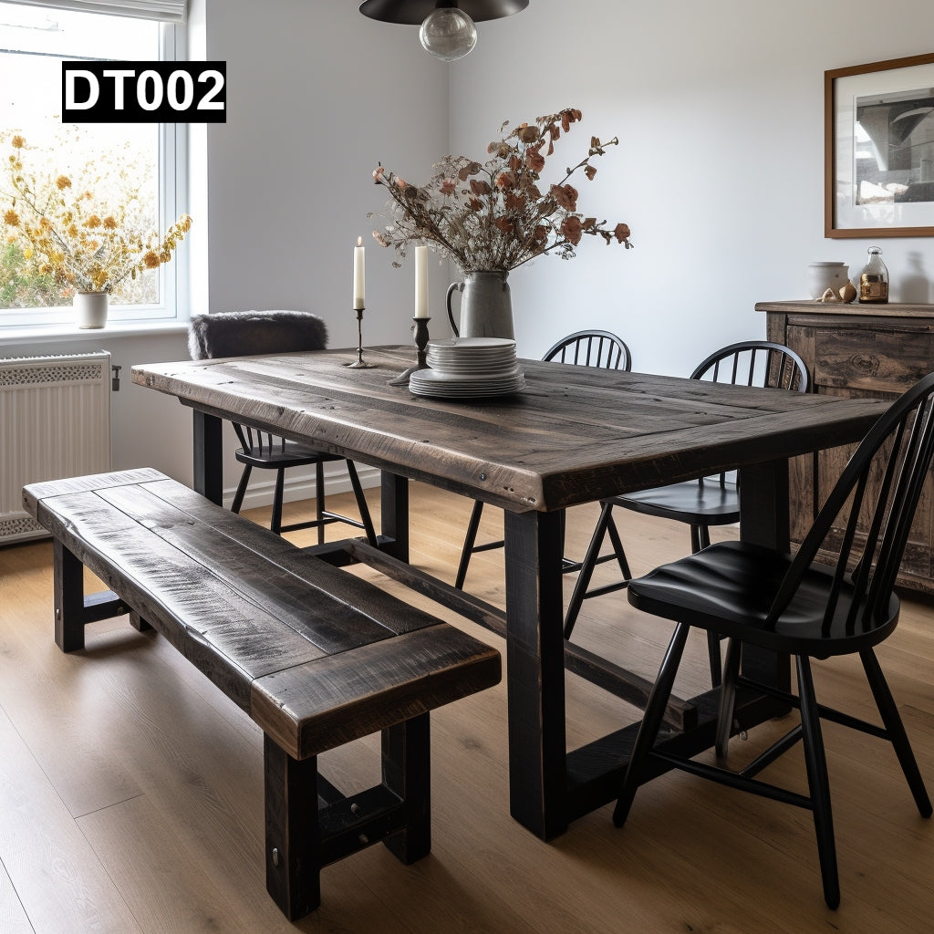 rustic reclaimed wood dining table farmhouse kitchen handcrafted custom solid wood rectangular round natural distressed vintage style eco-friendly Canadian made sustainable furniture family gathering shabby chic unique grain heirloom