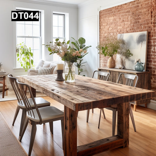 rustic reclaimed wood dining table farmhouse kitchen handcrafted custom solid wood rectangular round natural distressed vintage style eco-friendly Canadian made sustainable furniture family gathering shabby chic unique grain heirloom
