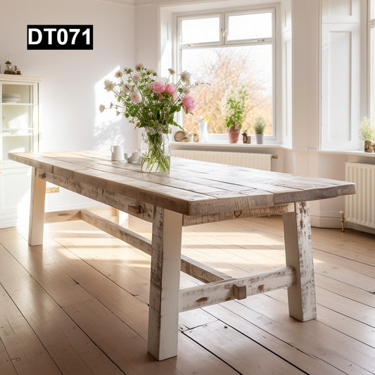 rustic reclaimed wood dining table farmhouse kitchen handcrafted custom solid wood rectangular round natural distressed vintage style eco-friendly Canadian made sustainable furniture family gathering shabby chic unique grain heirloom