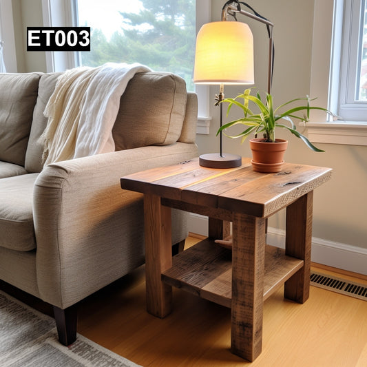 rustic reclaimed wood end table nightstand farmhouse living room bedroom handcrafted custom solid wood small furniture distressed vintage style eco-friendly Canadian made sustainable shabby chic natural grain storage drawer bedside unique