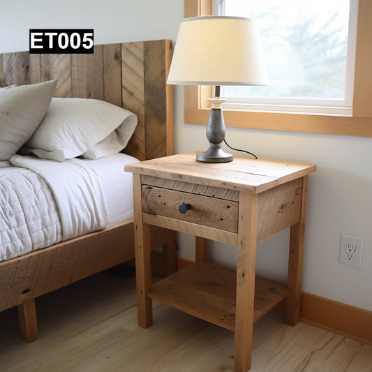 rustic reclaimed wood end table nightstand farmhouse living room bedroom handcrafted custom solid wood small furniture distressed vintage style eco-friendly Canadian made sustainable shabby chic natural grain storage drawer bedside unique