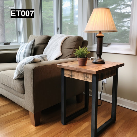 rustic reclaimed wood end table nightstand farmhouse living room bedroom handcrafted custom solid wood small furniture distressed vintage style eco-friendly Canadian made sustainable shabby chic natural grain storage drawer bedside unique