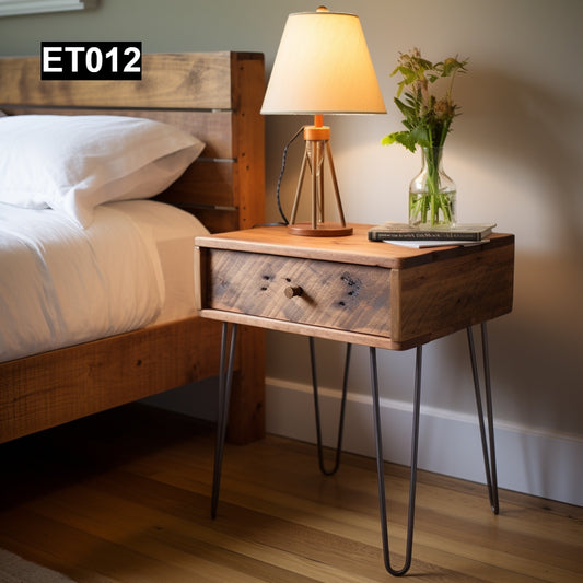 rustic reclaimed wood end table nightstand farmhouse living room bedroom handcrafted custom solid wood small furniture distressed vintage style eco-friendly Canadian made sustainable shabby chic natural grain storage drawer bedside unique
