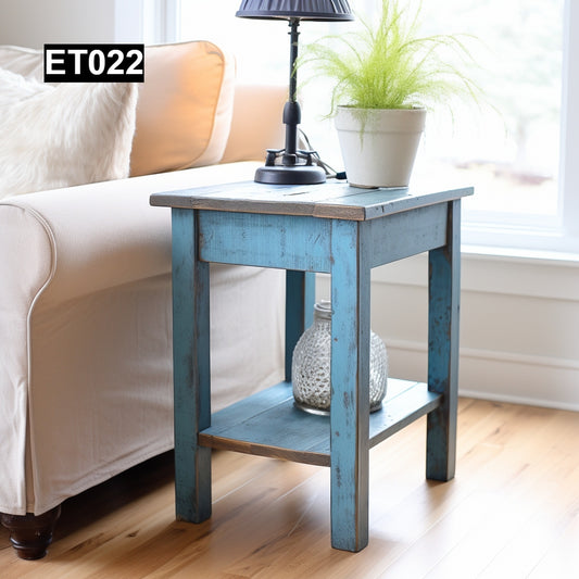 rustic reclaimed wood end table nightstand farmhouse living room bedroom handcrafted custom solid wood small furniture distressed vintage style eco-friendly Canadian made sustainable shabby chic natural grain storage drawer bedside unique