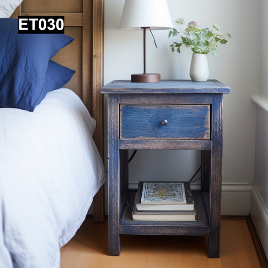 rustic reclaimed wood end table nightstand farmhouse living room bedroom handcrafted custom solid wood small furniture distressed vintage style eco-friendly Canadian made sustainable shabby chic natural grain storage drawer bedside unique