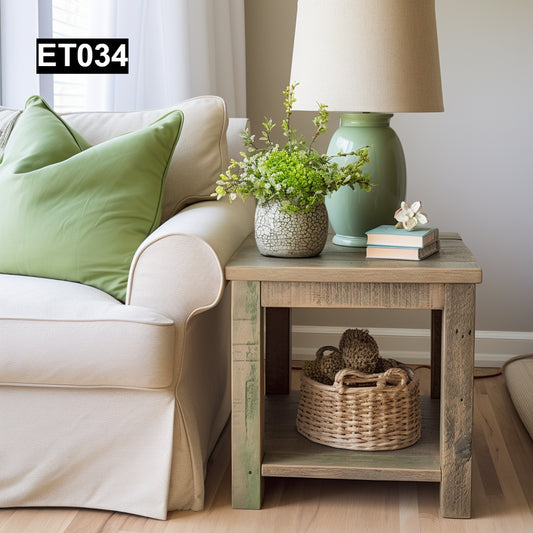 rustic reclaimed wood end table nightstand farmhouse living room bedroom handcrafted custom solid wood small furniture distressed vintage style eco-friendly Canadian made sustainable shabby chic natural grain storage drawer bedside unique