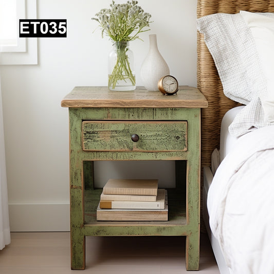 rustic reclaimed wood end table nightstand farmhouse living room bedroom handcrafted custom solid wood small furniture distressed vintage style eco-friendly Canadian made sustainable shabby chic natural grain storage drawer bedside unique