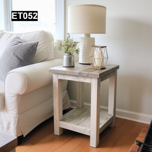 rustic reclaimed wood end table nightstand farmhouse living room bedroom handcrafted custom solid wood small furniture distressed vintage style eco-friendly Canadian made sustainable shabby chic natural grain storage drawer bedside unique