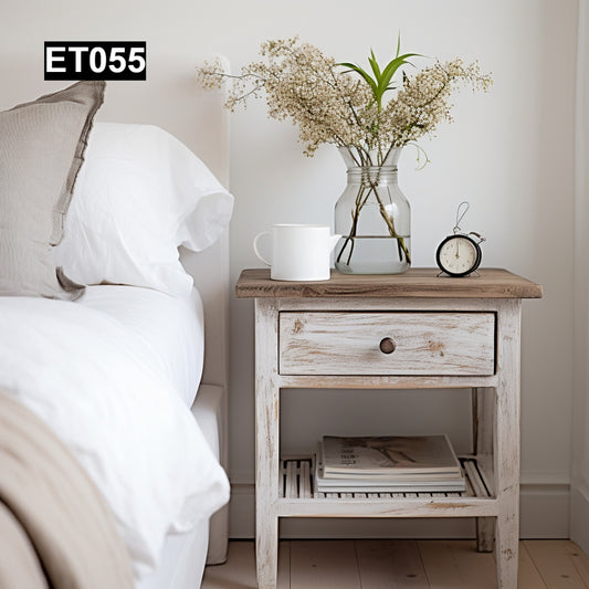 rustic reclaimed wood end table nightstand farmhouse living room bedroom handcrafted custom solid wood small furniture distressed vintage style eco-friendly Canadian made sustainable shabby chic natural grain storage drawer bedside unique