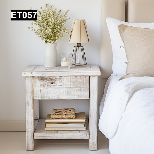 rustic reclaimed wood end table nightstand farmhouse living room bedroom handcrafted custom solid wood small furniture distressed vintage style eco-friendly Canadian made sustainable shabby chic natural grain storage drawer bedside unique