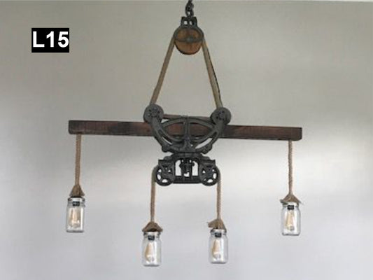 reclaimed wood beam chandelier pendant lamp light distressed barn iron glass chain edison rustic farmhouse vintage industrial handmade custom ceiling fixture lighting bulb loft kitchen dining entryway linear dimmer statement mason jars hay trolley