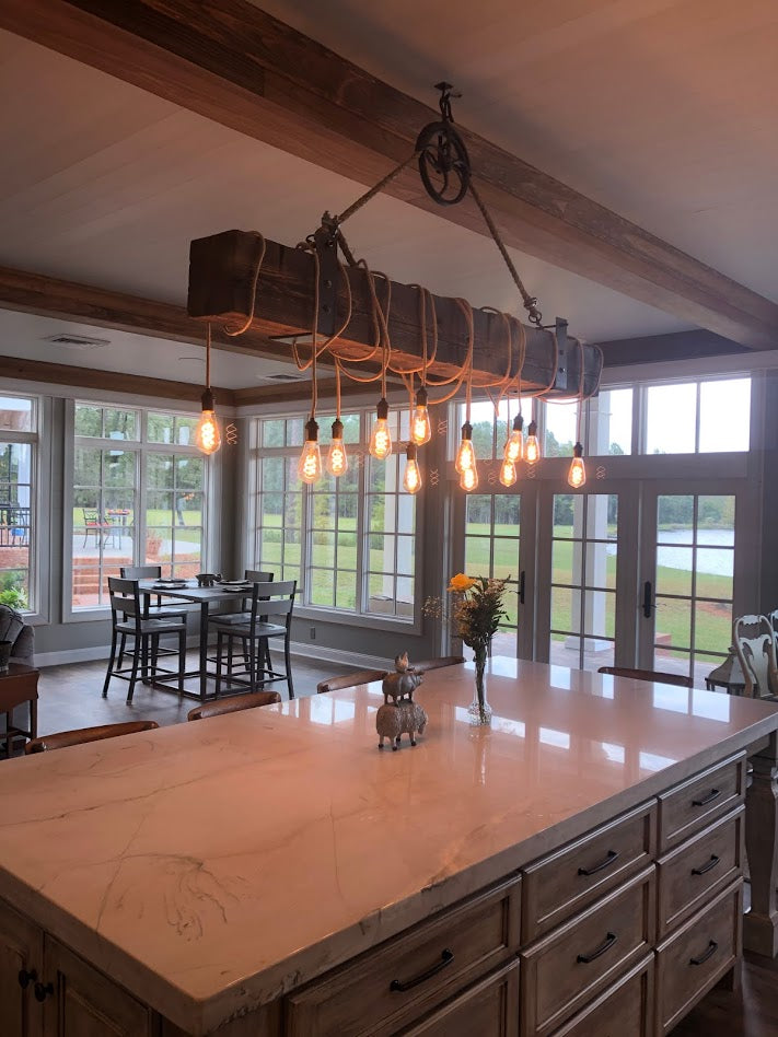 Reclaimed Barn Wood Beam Chandelier with antique pulley L44