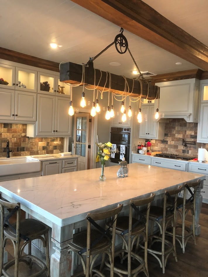 Reclaimed Barn Wood Beam Chandelier with antique pulley L44