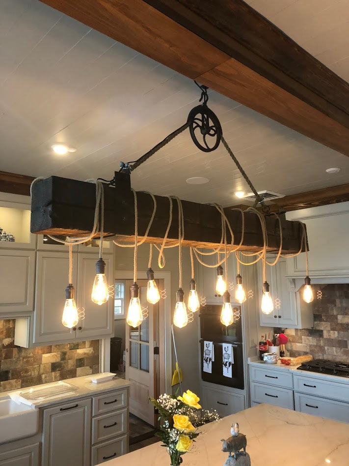 Reclaimed Barn Wood Beam Chandelier with antique pulley L44
