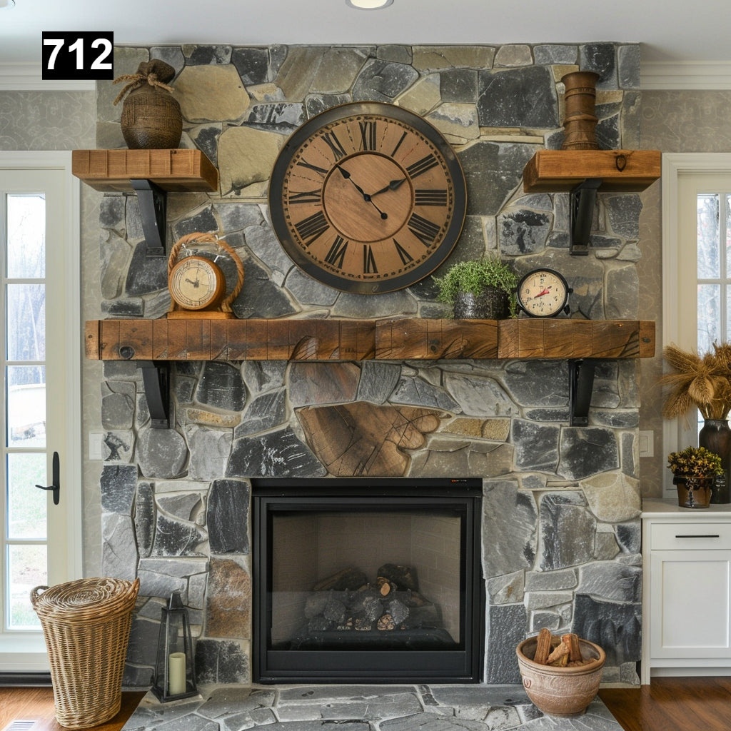 Custom reclaimed wood beam fireplace mantel with matching shelves