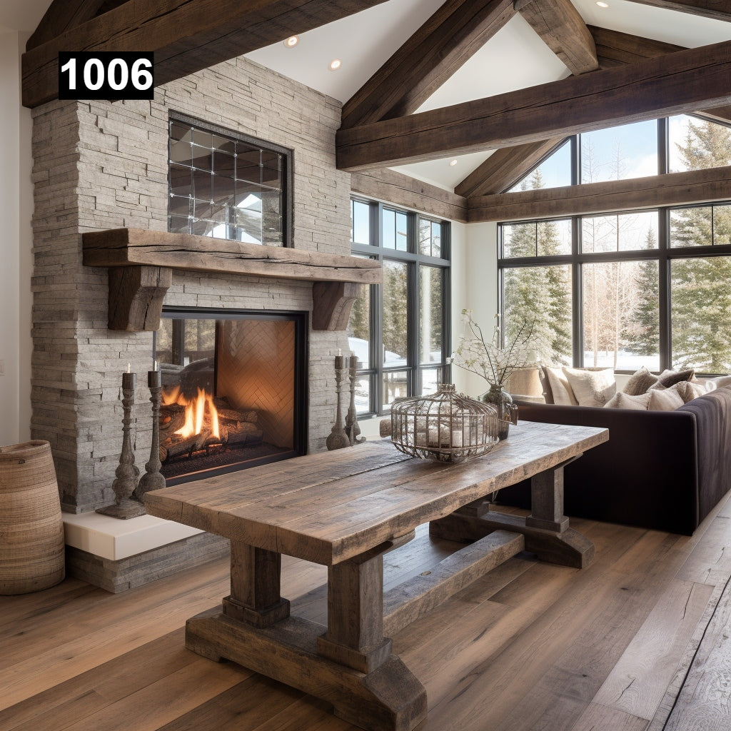 rustic reclaimed wood farmhouse custom beam floating solid distressed handcrafted barn shabby chic fireplace timber vintage style made Canada natural unique eco-friendly home decor iron legs corbels wrap-around