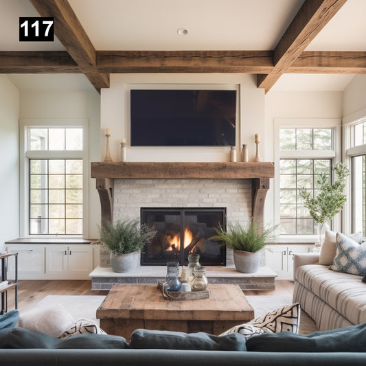 Custom reclaimed wood beam fireplace mantel with corbels