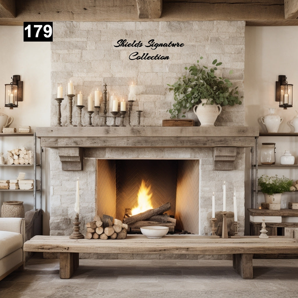 rustic reclaimed wood farmhouse custom beam floating solid distressed handcrafted barn shabby chic fireplace timber vintage style made Canada natural unique eco-friendly home decor iron legs corbels wrap-around