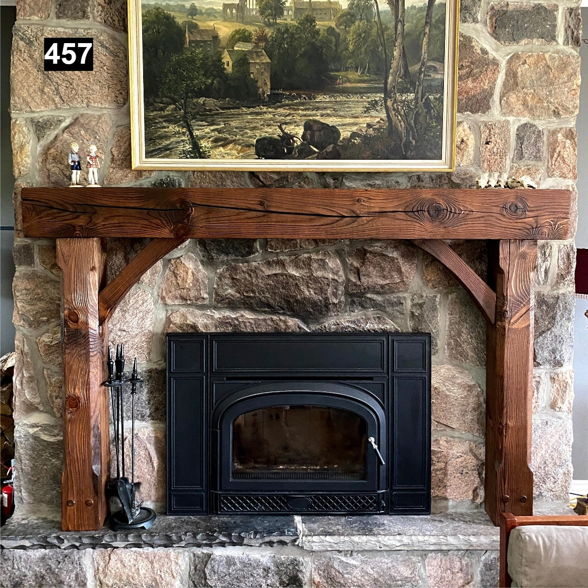 Regal looking Reclaimed Wood Beam Fireplace Mantel with Legs and Corner Braces #457