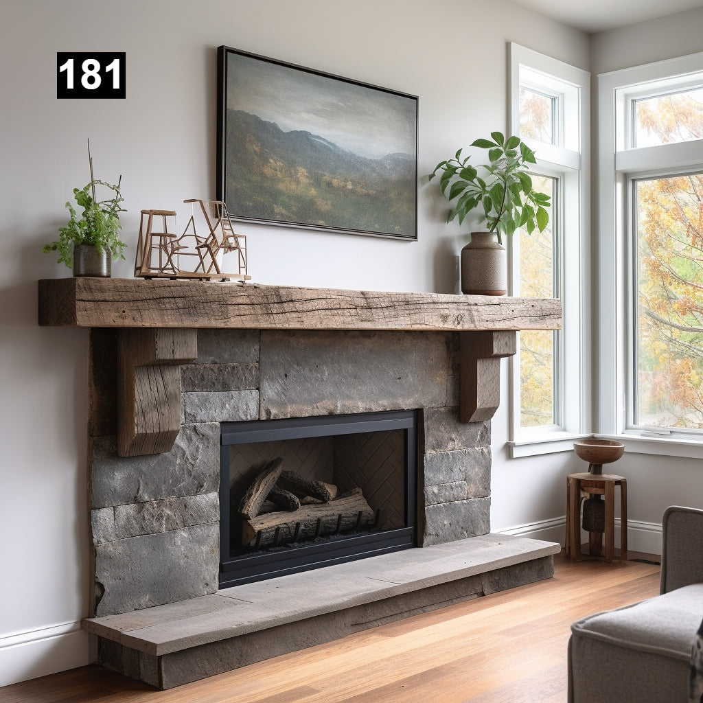 Custom reclaimed wood beam fireplace mantel with corbels