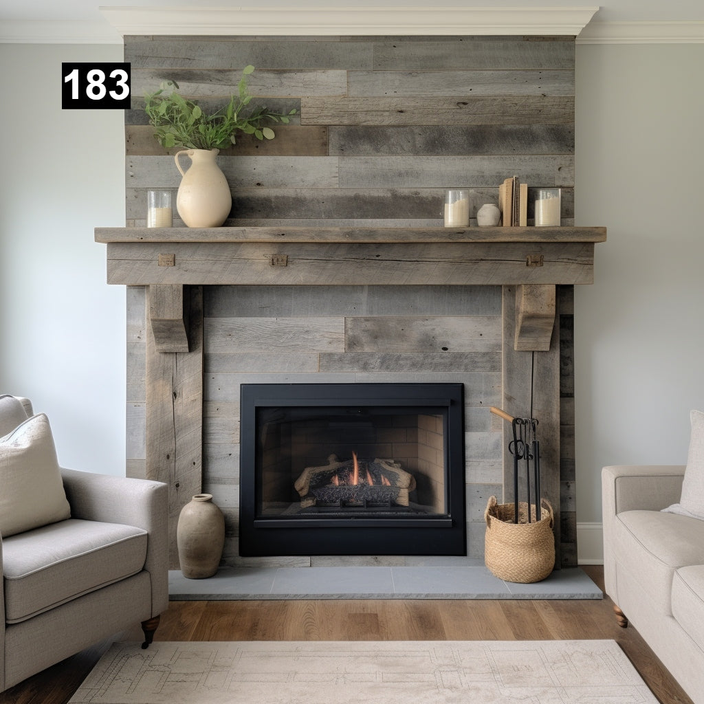 Custom reclaimed wood beam fireplace mantel with corbels