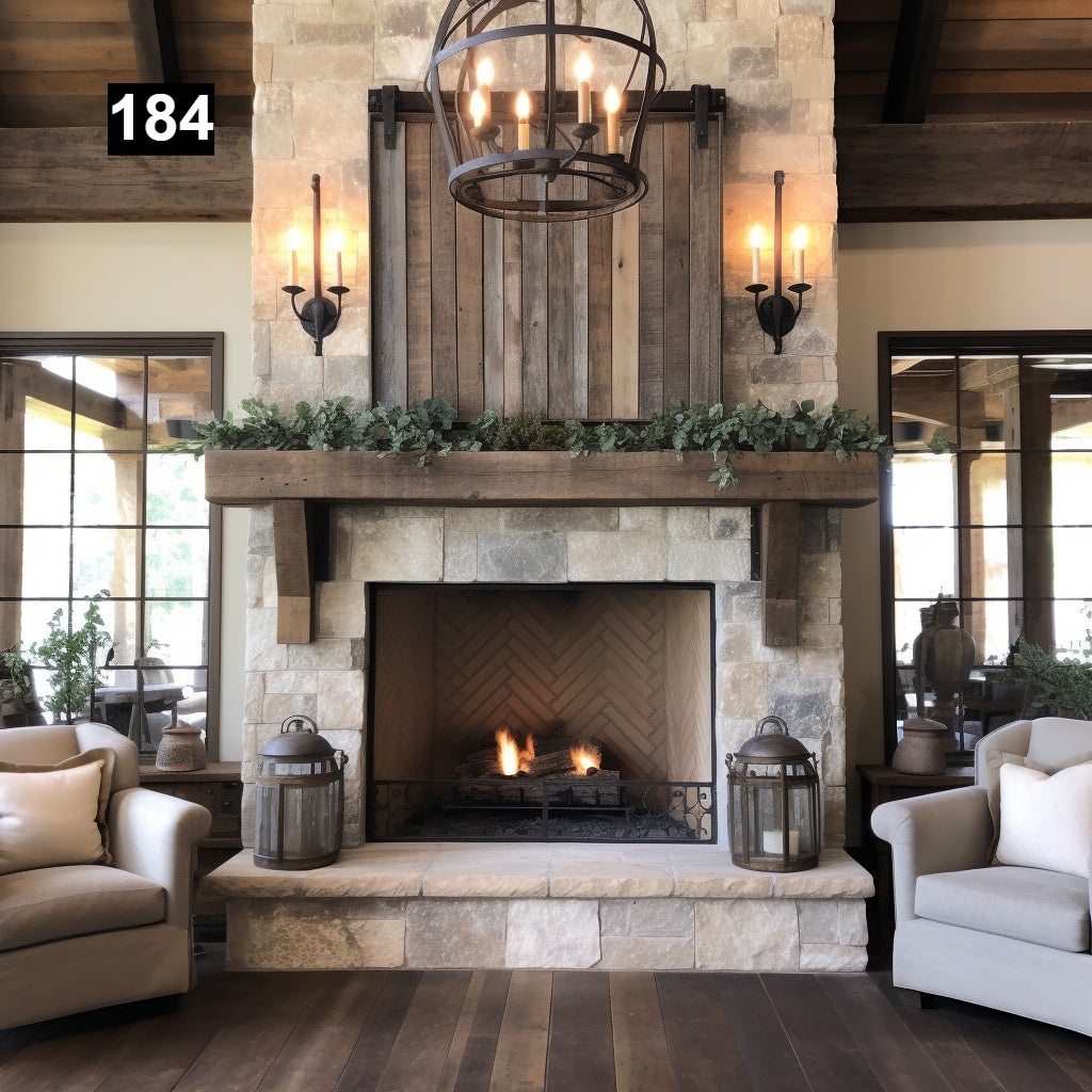 rustic reclaimed wood farmhouse custom beam floating solid distressed handcrafted barn shabby chic fireplace timber vintage style made Canada natural unique eco-friendly home decor iron legs corbels wrap-around