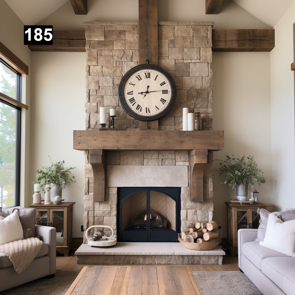 Custom reclaimed wood beam fireplace mantel with corbels