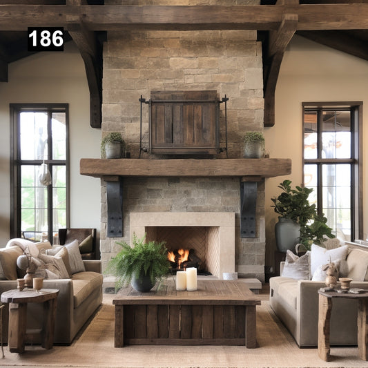 Custom reclaimed wood beam fireplace mantel with corbels