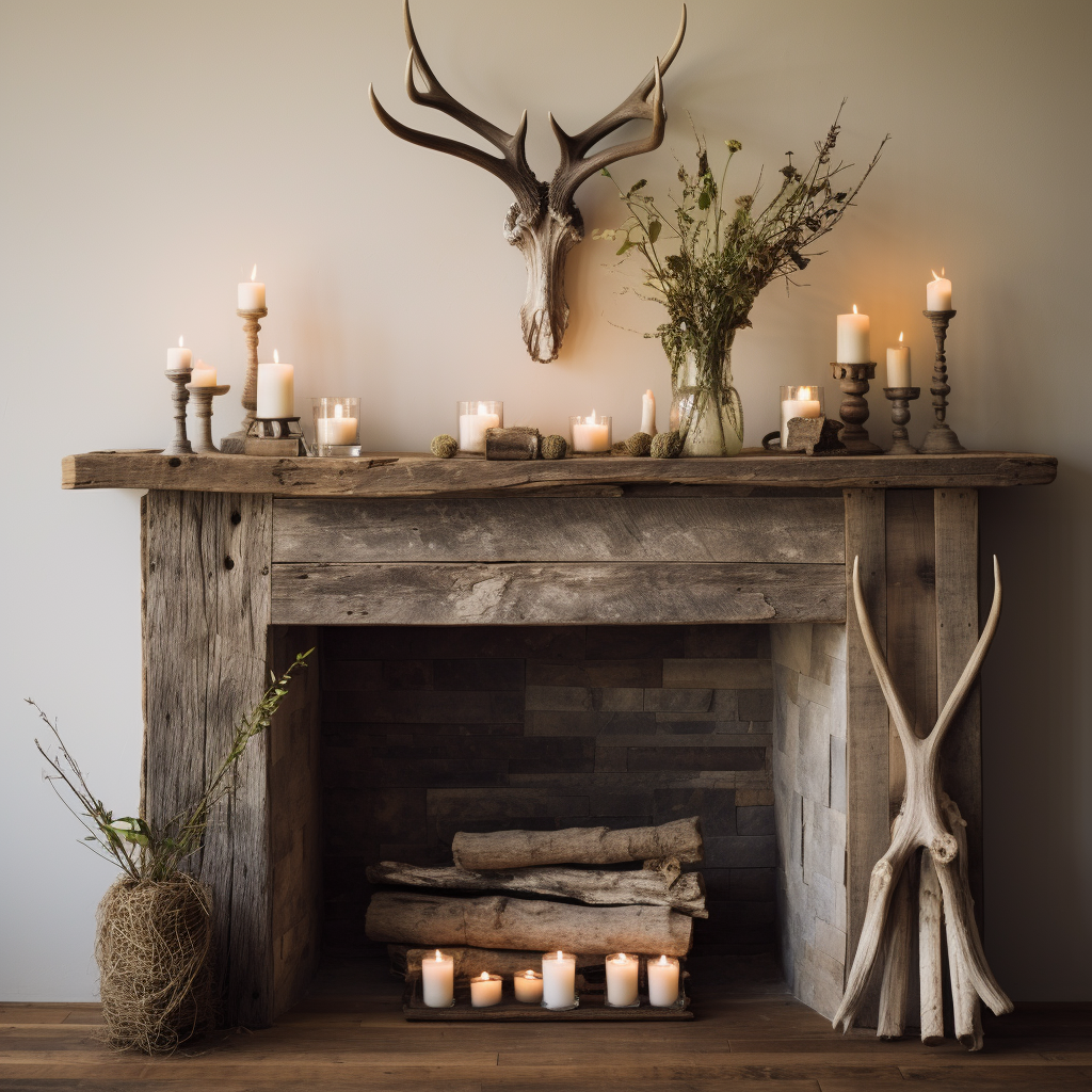 rustic reclaimed wood farmhouse custom beam floating solid distressed handcrafted barn shabby chic fireplace timber vintage style made Canada natural unique eco-friendly home decor iron legs corbels wrap-around