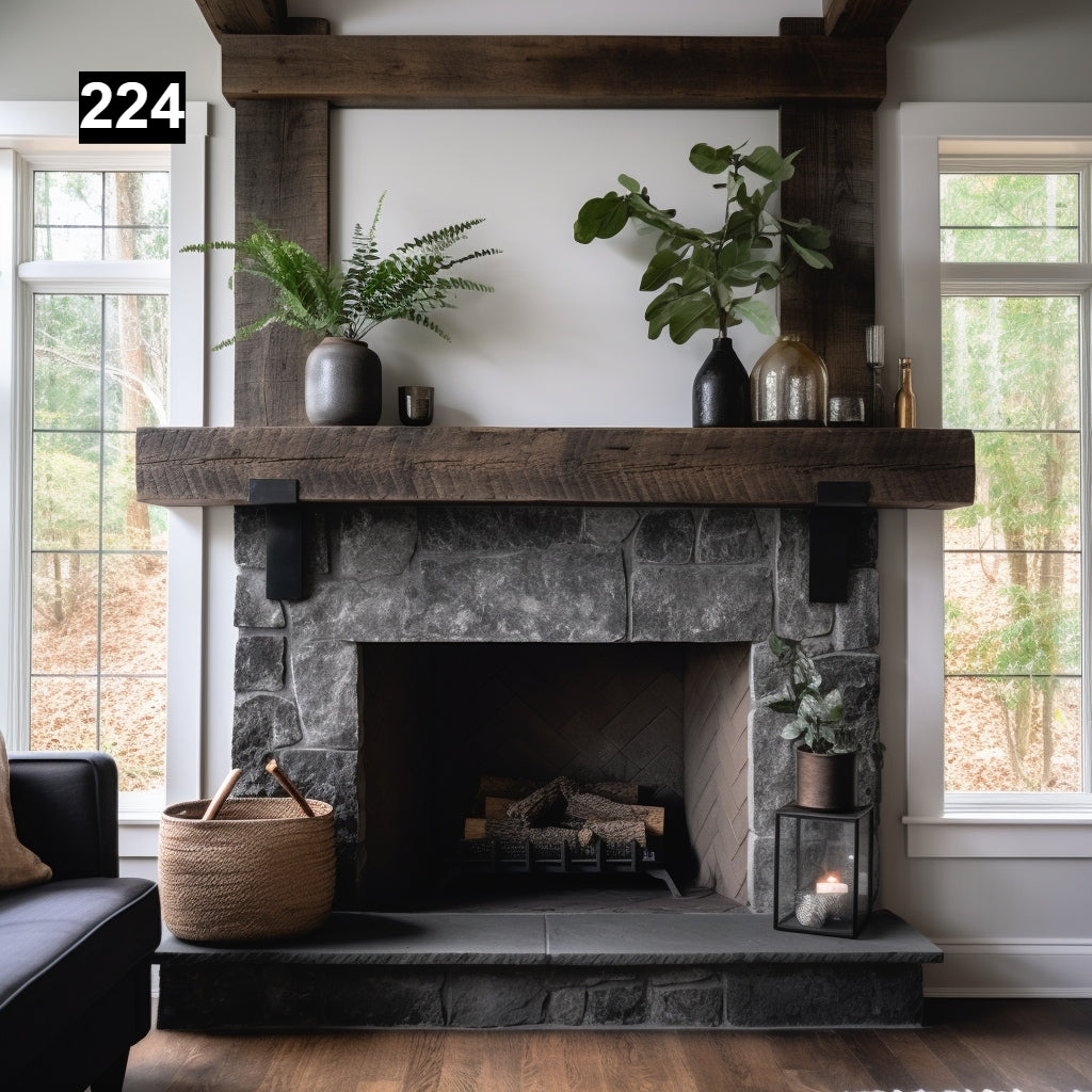 Custom reclaimed wood beam fireplace mantel iron corbels