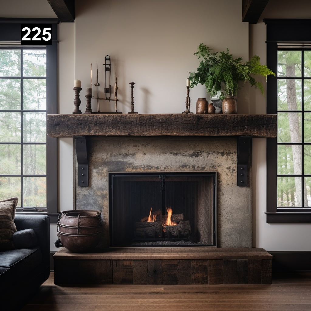 Custom reclaimed wood beam fireplace mantel iron corbels