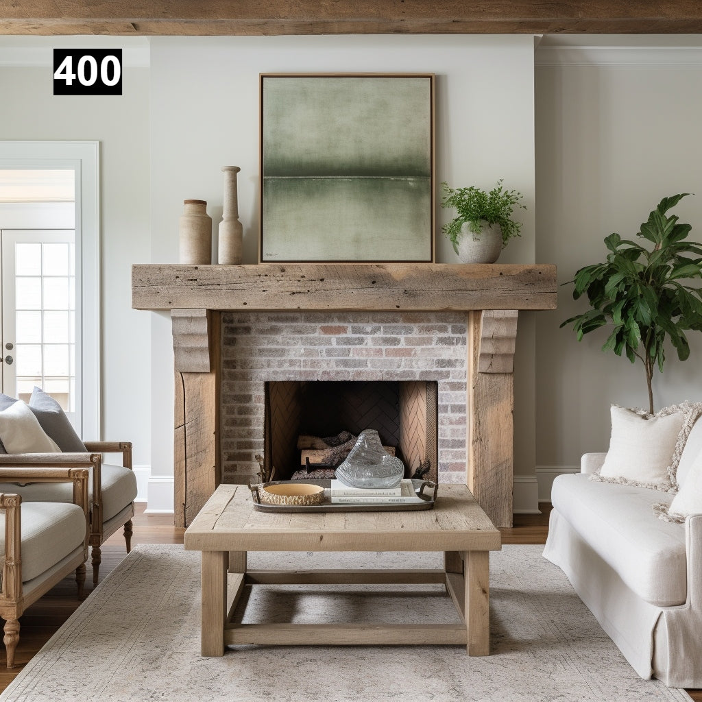 rustic reclaimed wood farmhouse custom beam floating solid distressed handcrafted barn shabby chic fireplace timber vintage style made Canada natural unique eco-friendly home decor iron legs corbels wrap-around