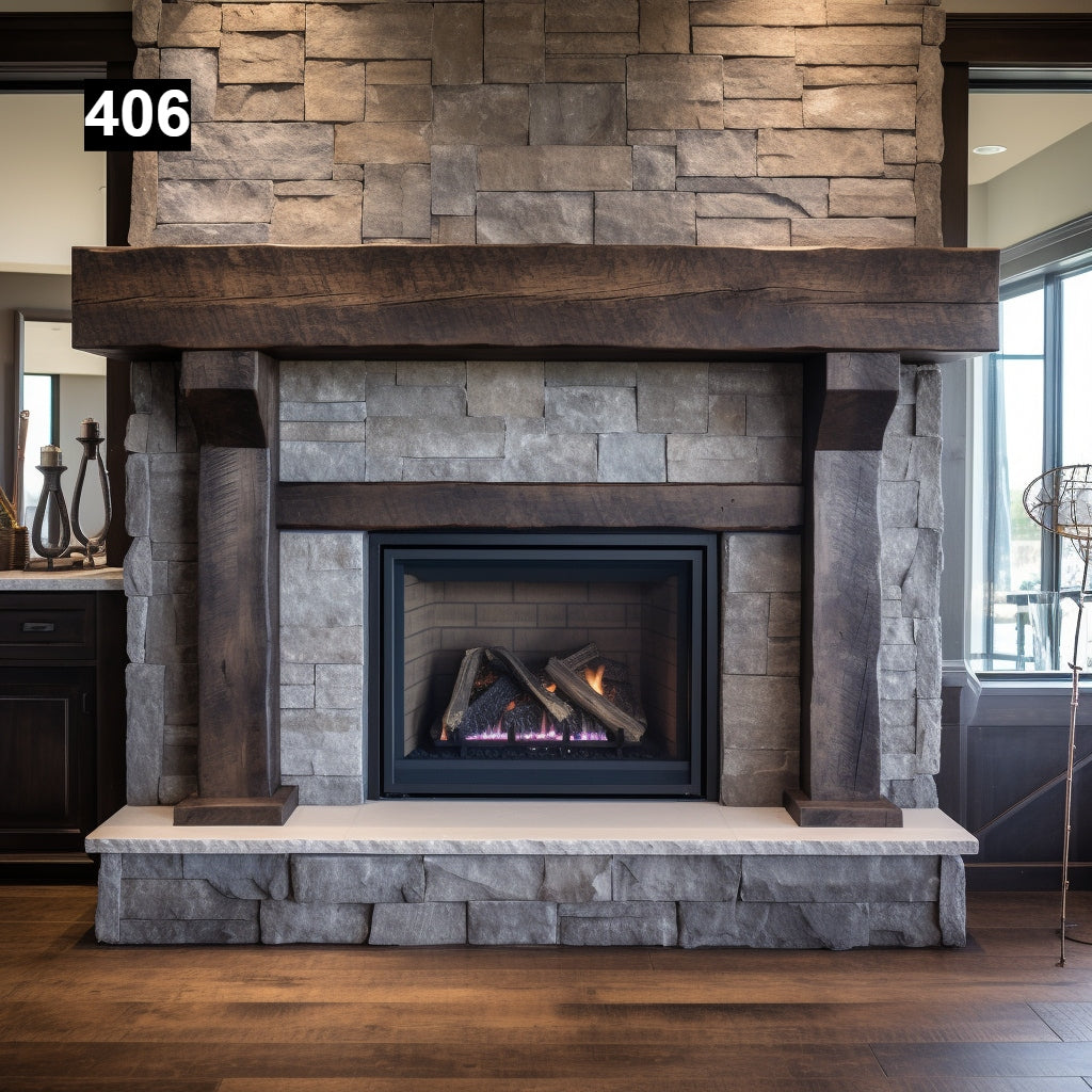 rustic reclaimed wood farmhouse custom beam floating solid distressed handcrafted barn shabby chic fireplace timber vintage style made Canada natural unique eco-friendly home decor iron legs corbels wrap-around