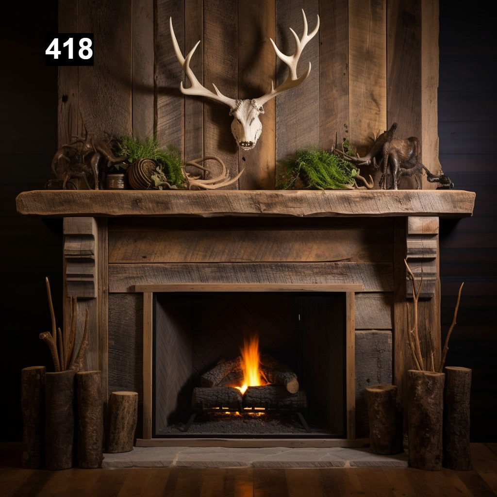 rustic reclaimed wood farmhouse custom beam floating solid distressed handcrafted barn shabby chic fireplace timber vintage style made Canada natural unique eco-friendly home decor iron legs corbels wrap-around