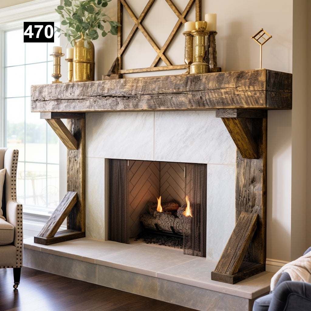 Custom reclaimed wood beam fireplace mantel with legs