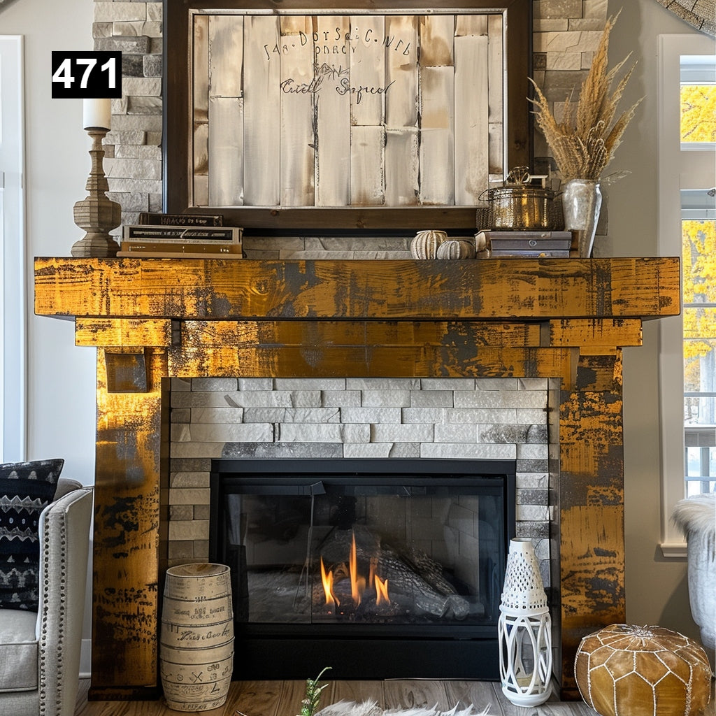 Custom reclaimed wood beam fireplace mantel with legs