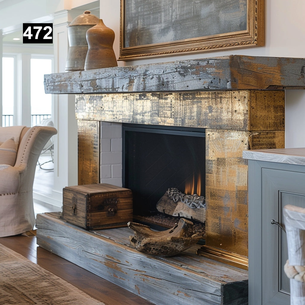 Custom reclaimed wood beam fireplace mantel with legs