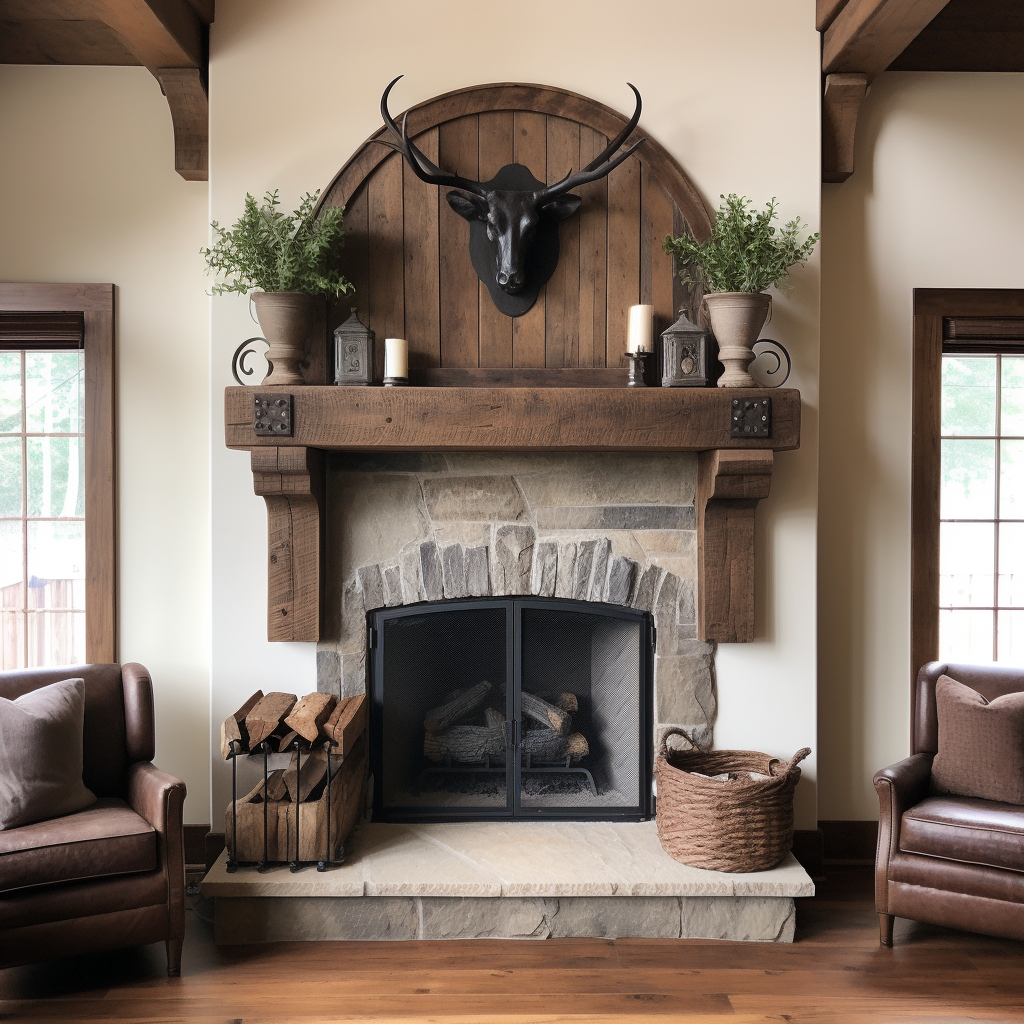 rustic reclaimed wood farmhouse custom beam floating solid distressed handcrafted barn shabby chic fireplace timber vintage style made Canada natural unique eco-friendly home decor iron legs corbels wrap-around
