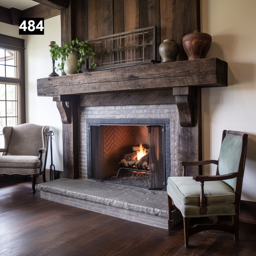 rustic reclaimed wood farmhouse custom beam floating solid distressed handcrafted barn shabby chic fireplace timber vintage style made Canada natural unique eco-friendly home decor iron legs corbels wrap-around