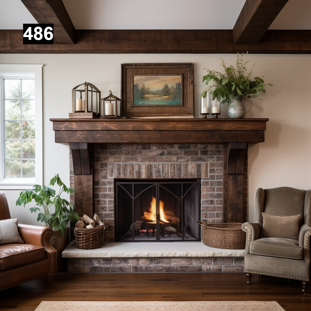 rustic reclaimed wood farmhouse custom beam floating solid distressed handcrafted barn shabby chic fireplace timber vintage style made Canada natural unique eco-friendly home decor iron legs corbels wrap-around