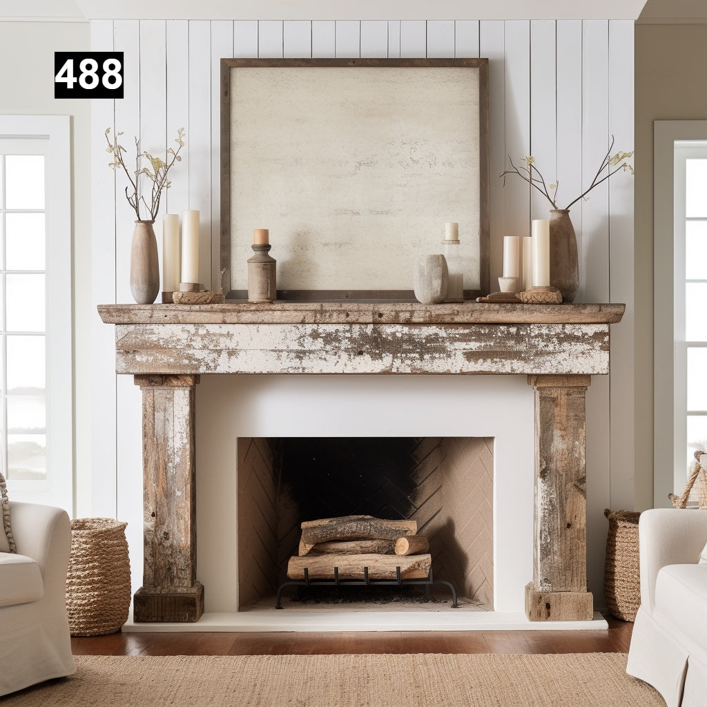 rustic reclaimed wood farmhouse custom beam floating solid distressed handcrafted barn shabby chic fireplace timber vintage style made Canada natural unique eco-friendly home decor iron legs corbels wrap-around