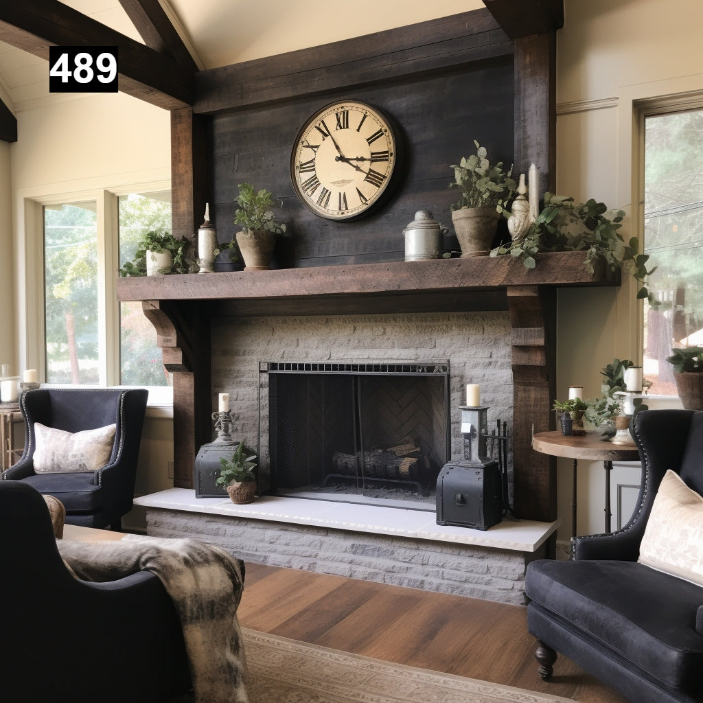 rustic reclaimed wood farmhouse custom beam floating solid distressed handcrafted barn shabby chic fireplace timber vintage style made Canada natural unique eco-friendly home decor iron legs corbels wrap-around