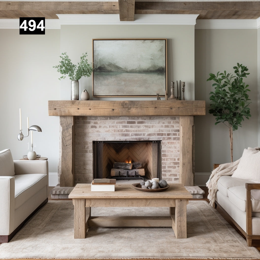 rustic reclaimed wood farmhouse custom beam floating solid distressed handcrafted barn shabby chic fireplace timber vintage style made Canada natural unique eco-friendly home decor iron legs corbels wrap-around