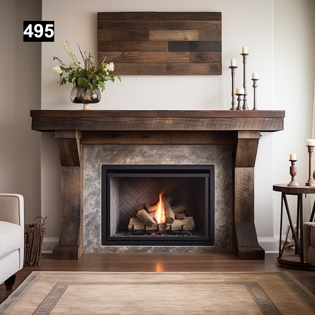 rustic reclaimed wood farmhouse custom beam floating solid distressed handcrafted barn shabby chic fireplace timber vintage style made Canada natural unique eco-friendly home decor iron legs corbels wrap-around