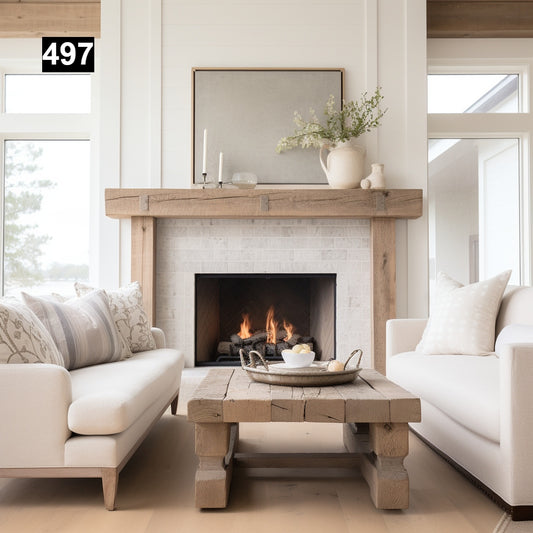 rustic reclaimed wood farmhouse custom beam floating solid distressed handcrafted barn shabby chic fireplace timber vintage style made Canada natural unique eco-friendly home decor iron legs corbels wrap-around