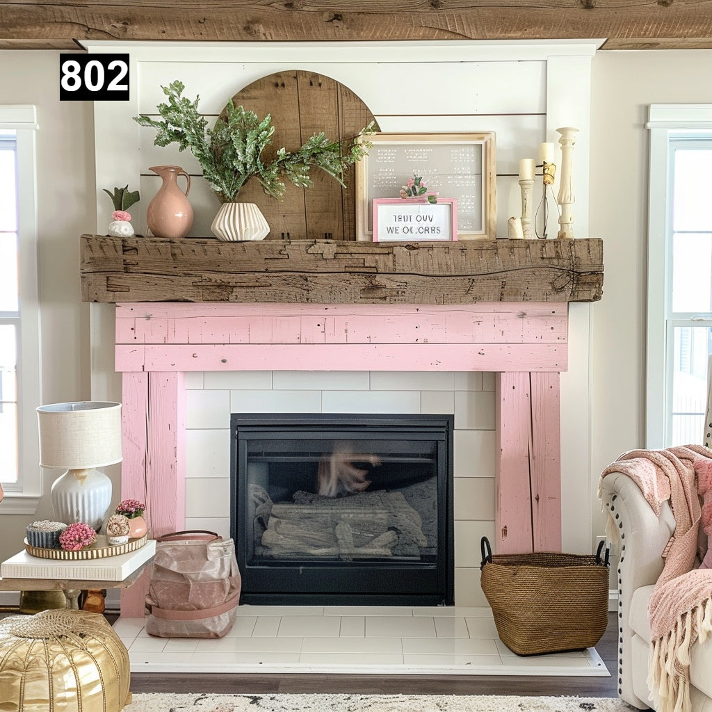 rustic reclaimed wood farmhouse custom beam floating solid distressed handcrafted barn shabby chic fireplace timber vintage style made Canada natural unique eco-friendly home decor iron legs corbels wrap-around